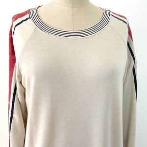 Enti M/L crew neck long sleeve top screen print stripe sleeves red beige black